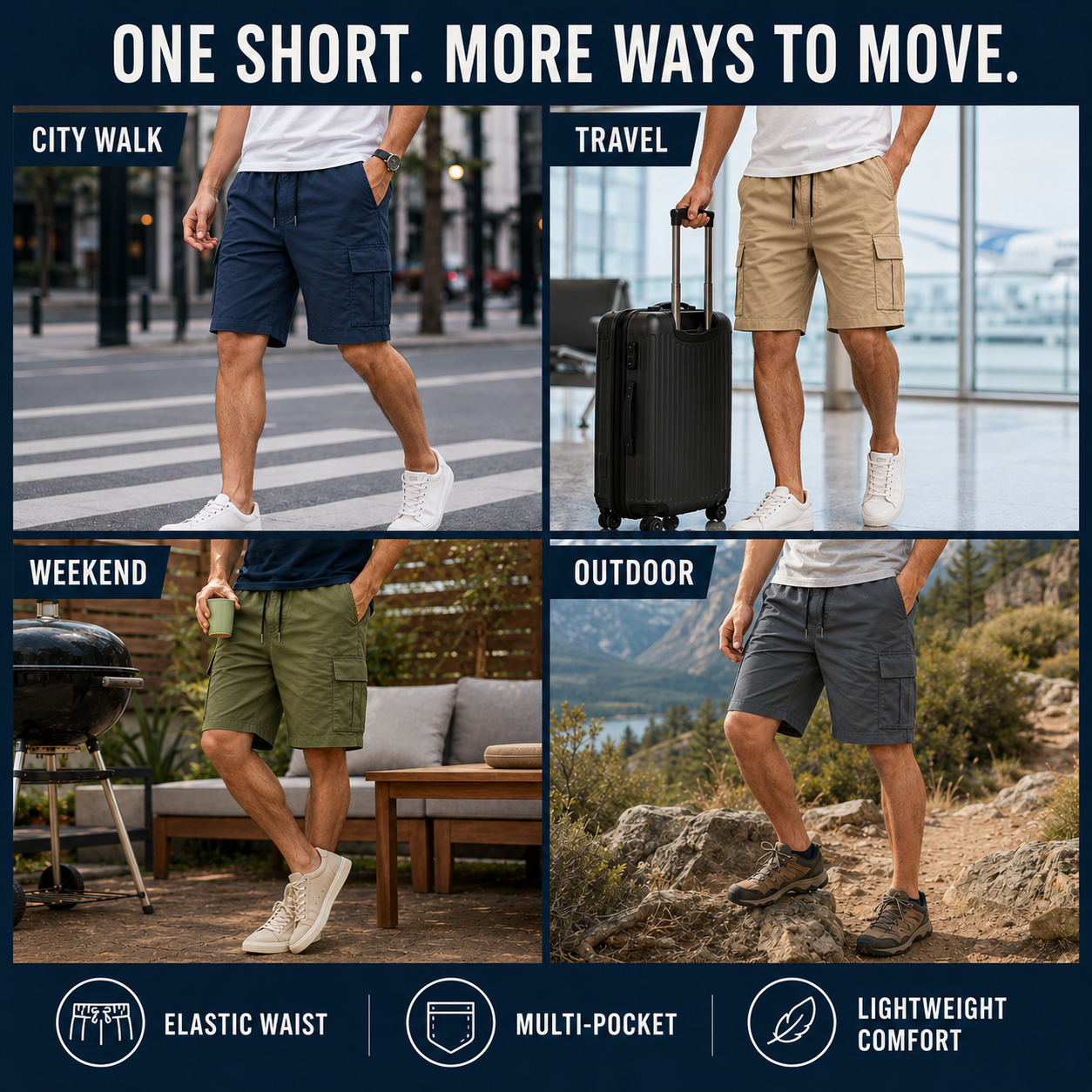 Men's 8-Pack Elastic Waist Drawstring Cargo Shorts