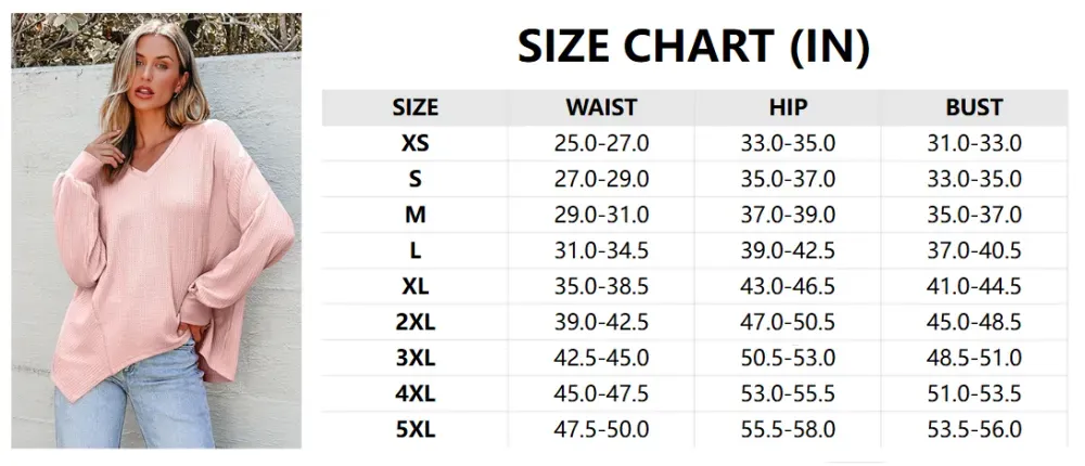 Women's waffle knit top size chart, XS-5XL, in inches