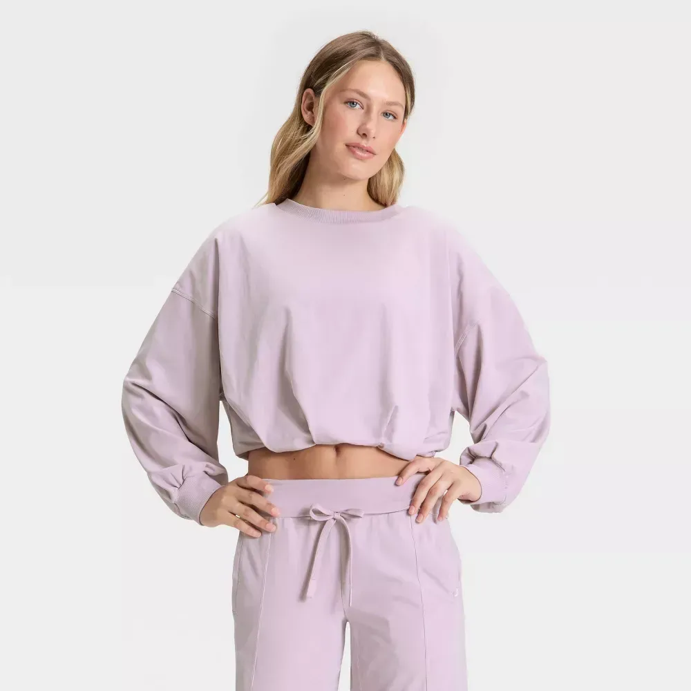 Lavender bubble-hem top and drawstring waistband detail