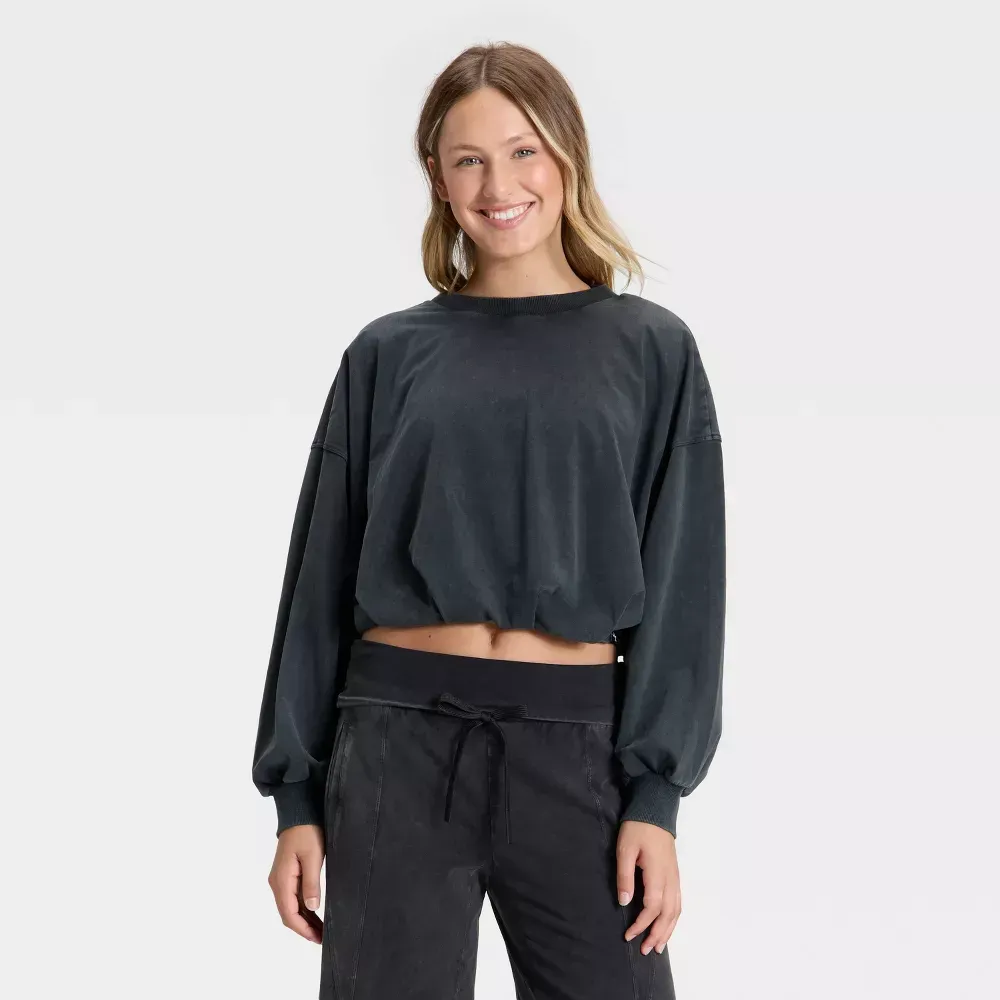 Black bubble-hem long sleeve top, front view