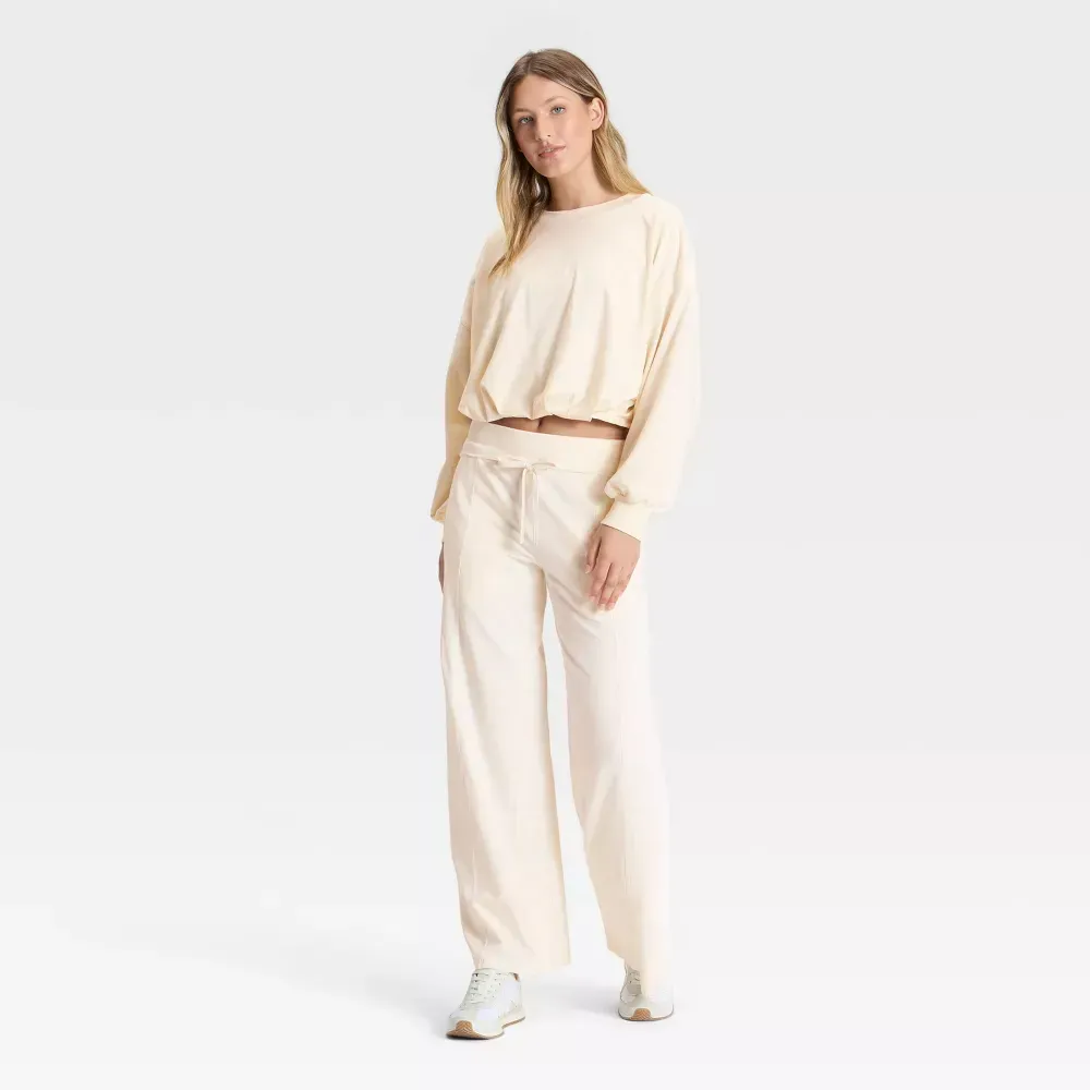 Cream bubble-hem top and wide-leg pants, full outfit