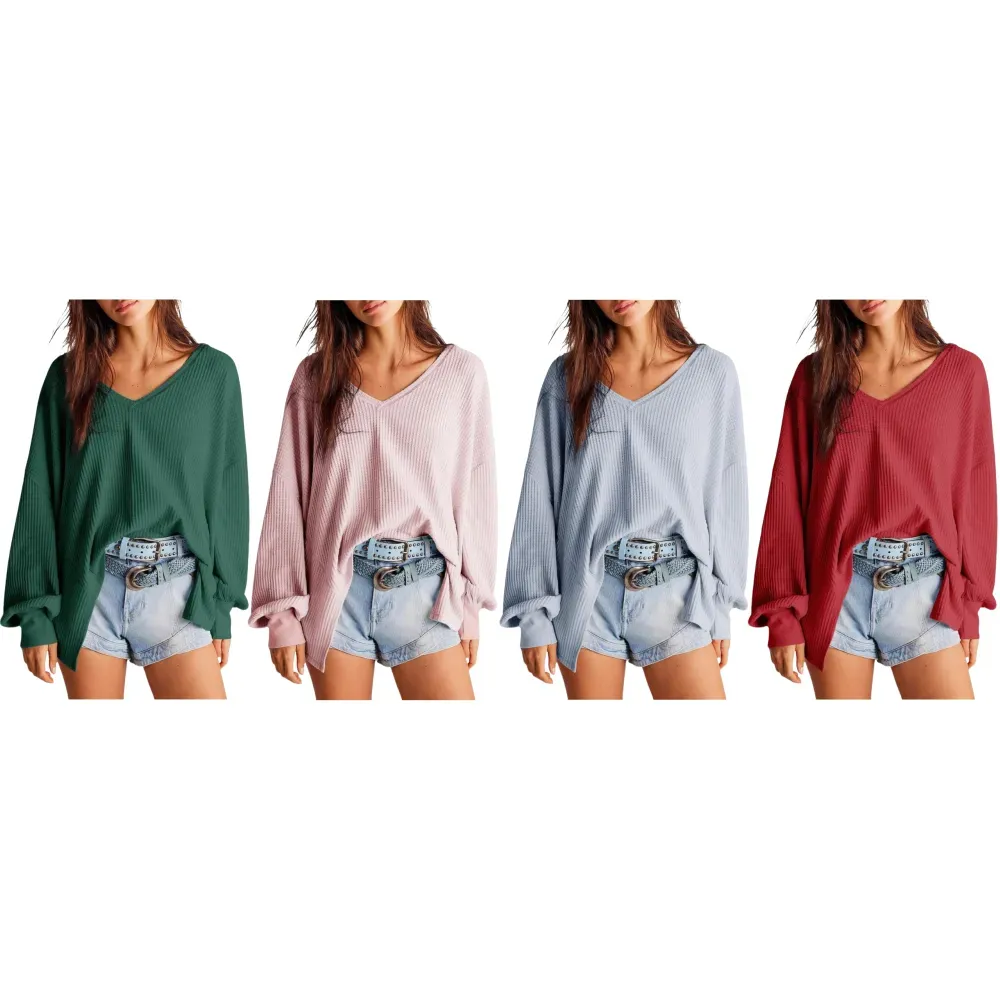 Four waffle knit tops in green, pink, light blue and red