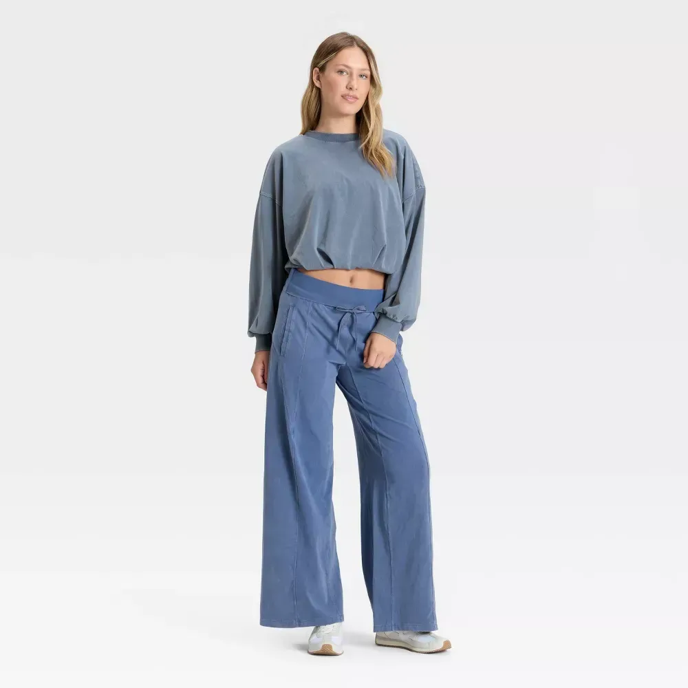 Blue bubble-hem top and wide-leg pants, full outfit