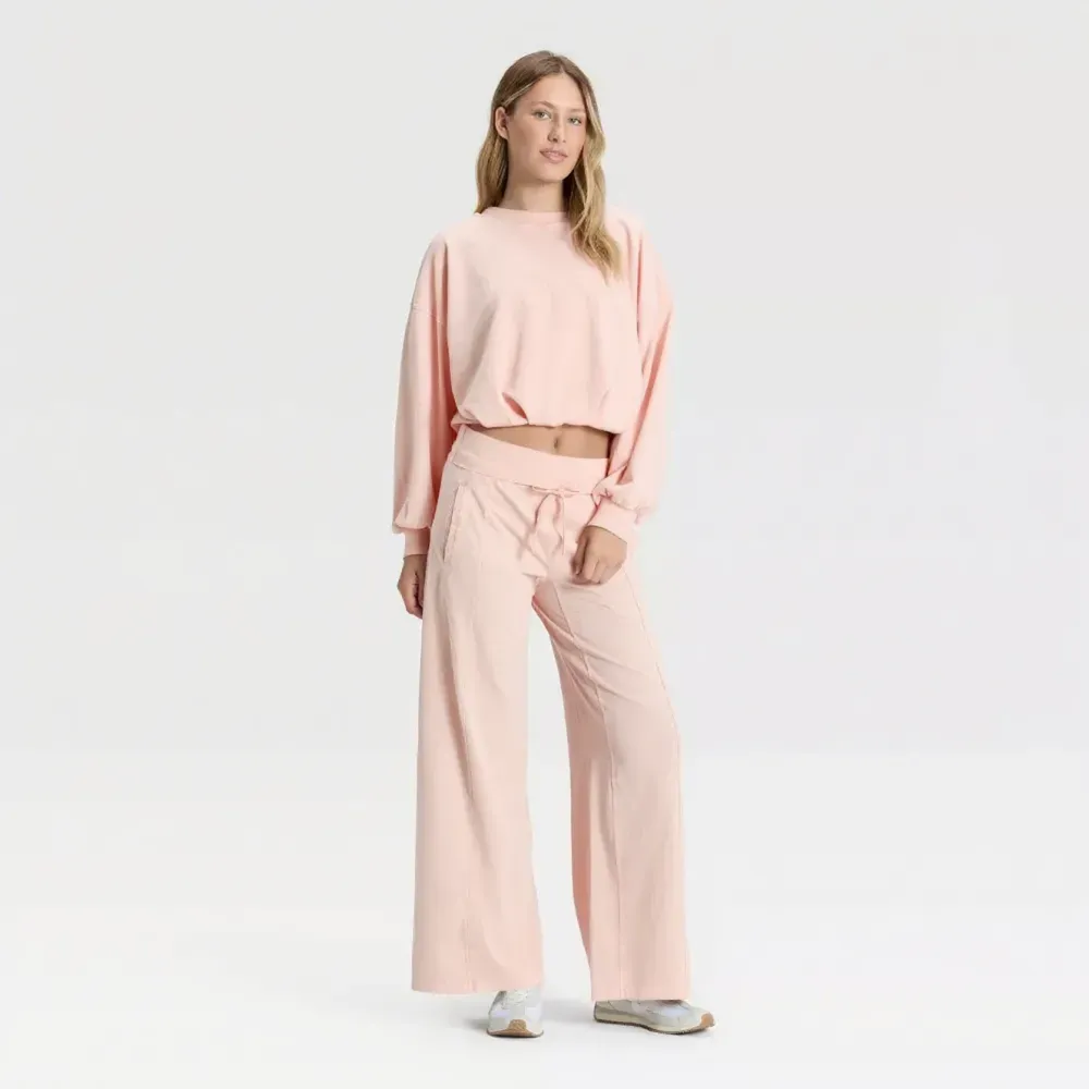 Peach bubble-hem top and wide-leg pants, full outfit