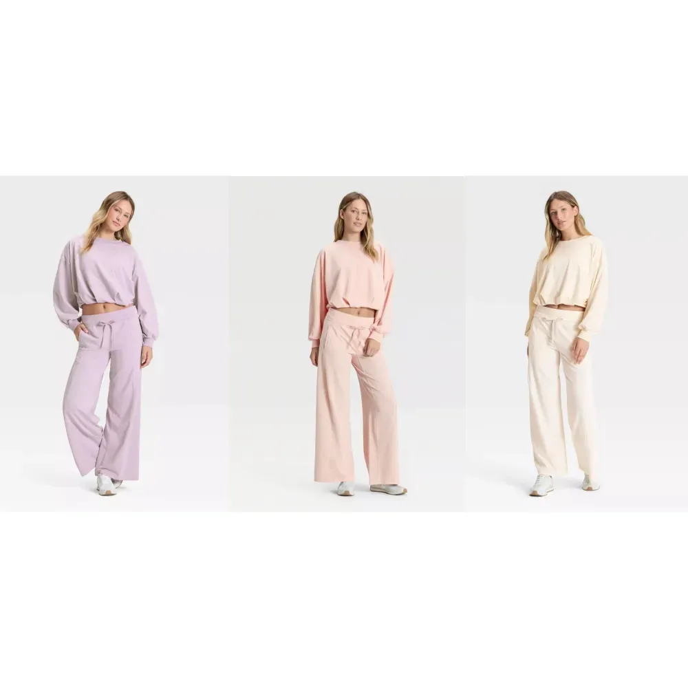 Three matching outfits in lavender, peach and cream