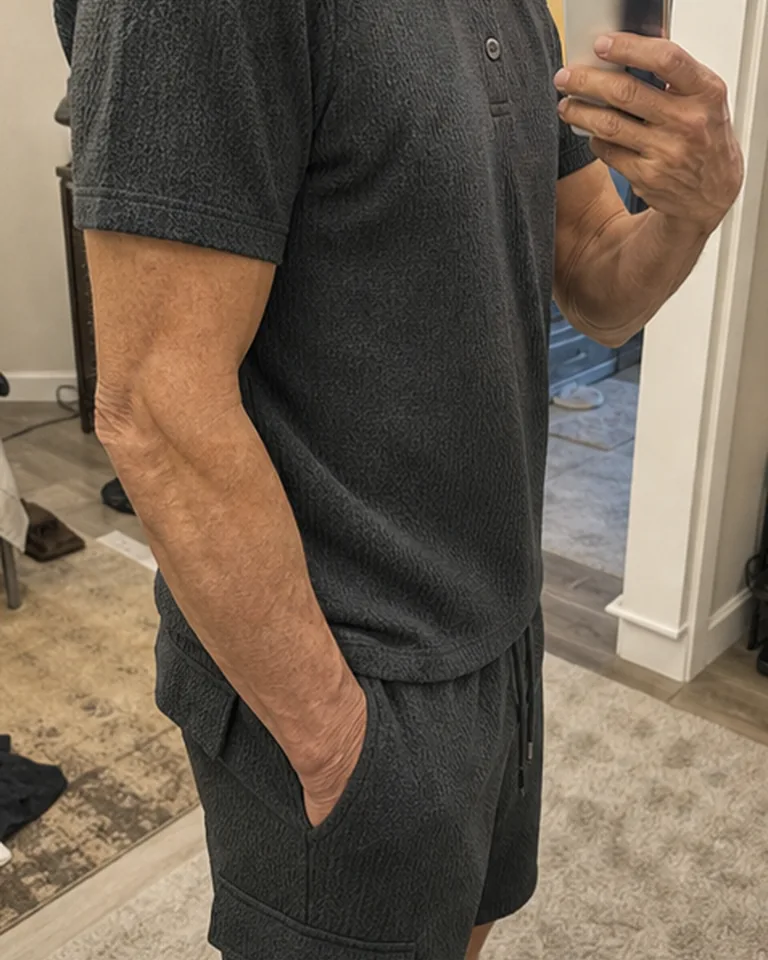 Textured Knit Polo and Shorts Set Waist and shorts detail buyer-style fit reference