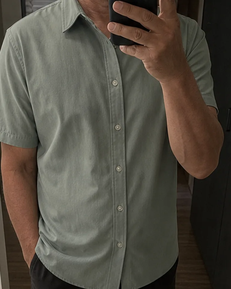 Quick-Dry Button-Front Shirt Sleeve and placket view buyer-style fit reference