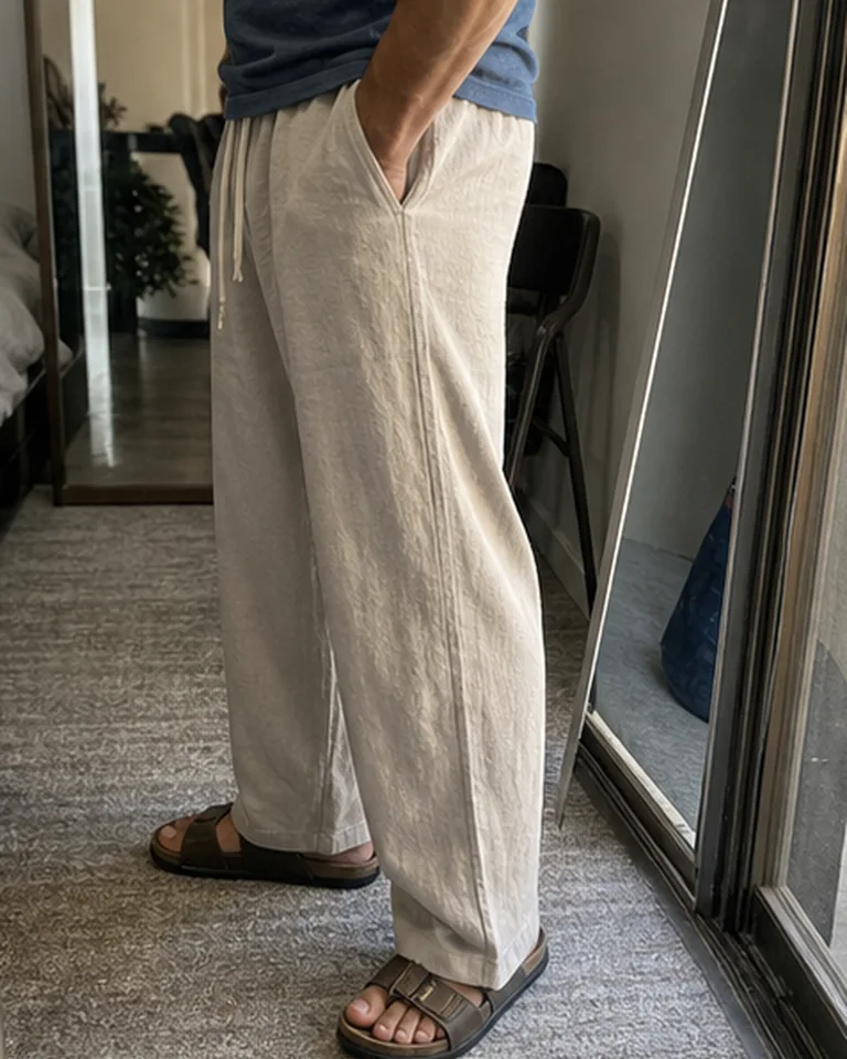 Linen-Blend Drawstring Wide-Leg Pants Relaxed leg opening buyer-style fit reference