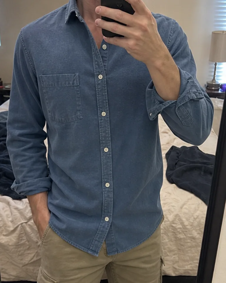 Washed Long Sleeve Button-Down Shirt Washed shirt mirror fit buyer-style fit reference