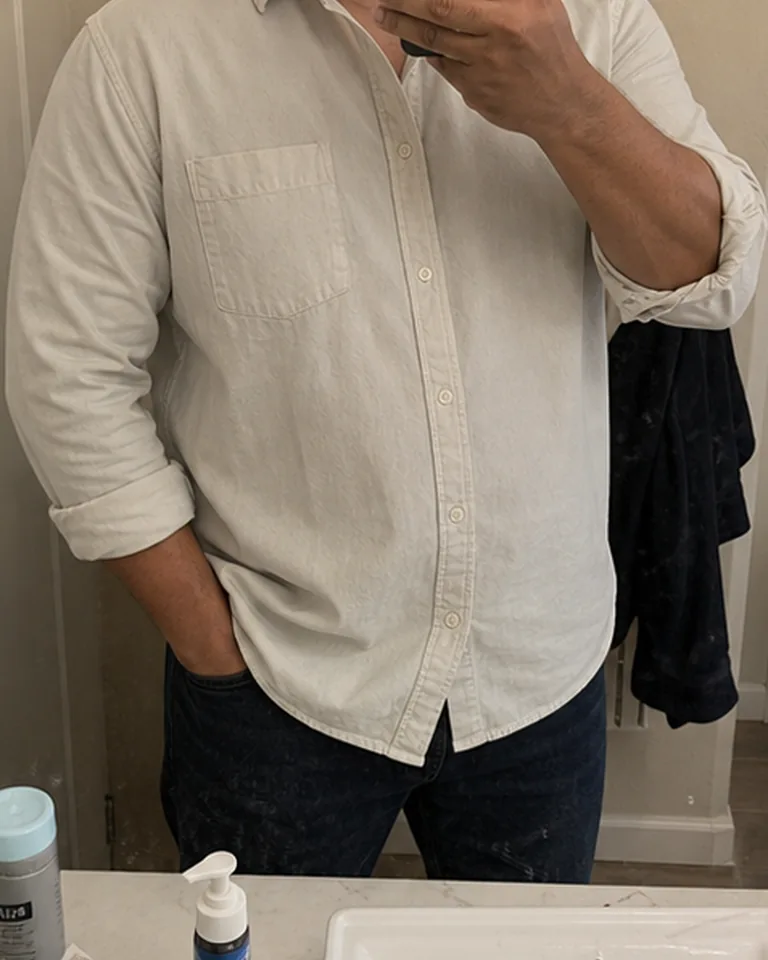Washed Long Sleeve Button-Down Shirt Light shirt sleeve view buyer-style fit reference