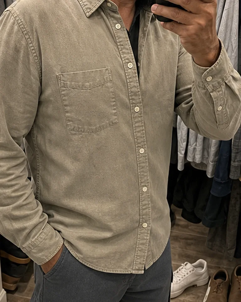 Washed Long Sleeve Button-Down Shirt Button placket detail buyer-style fit reference