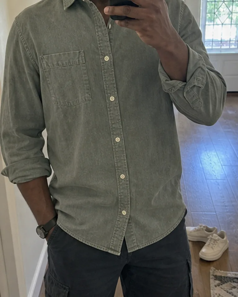Washed Long Sleeve Button-Down Shirt Collar fabric close-up buyer-style fit reference