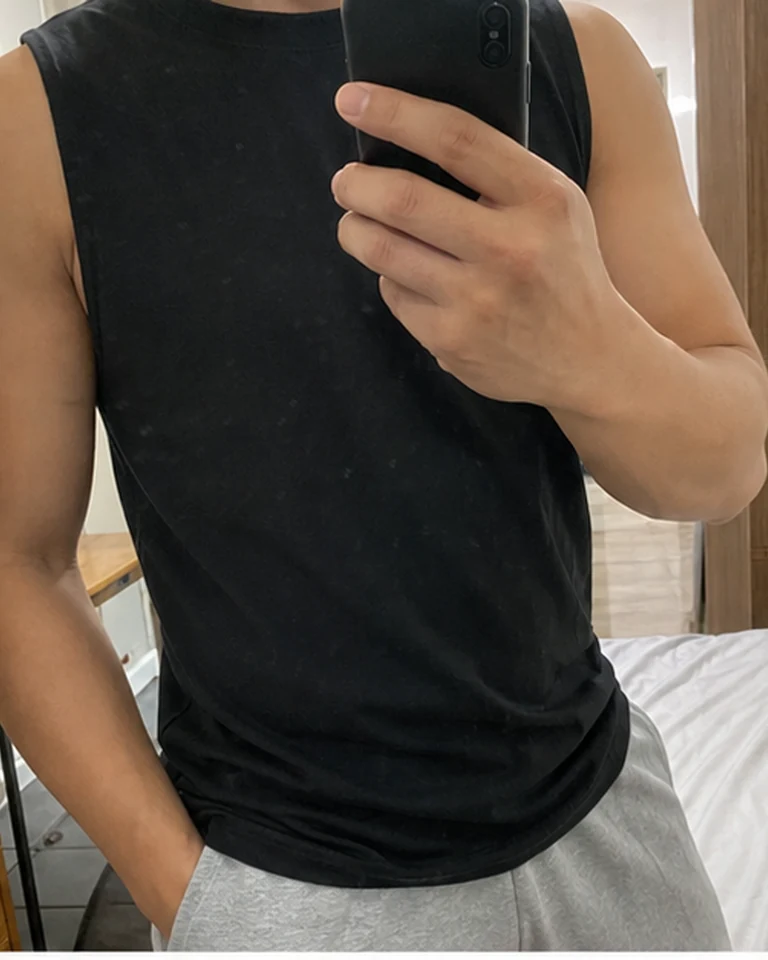 Cotton Blend Sleeveless Muscle Shirts Black sleeveless mirror fit buyer-style fit reference