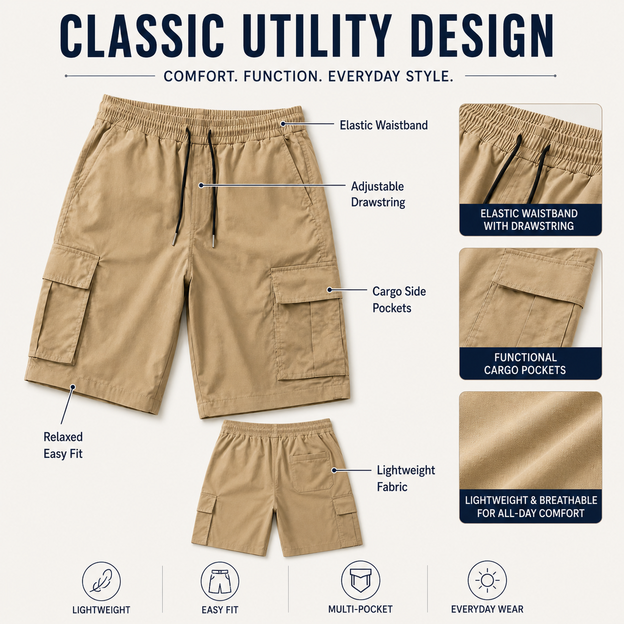 Men's 8-Pack Elastic Waist Drawstring Cargo Shorts