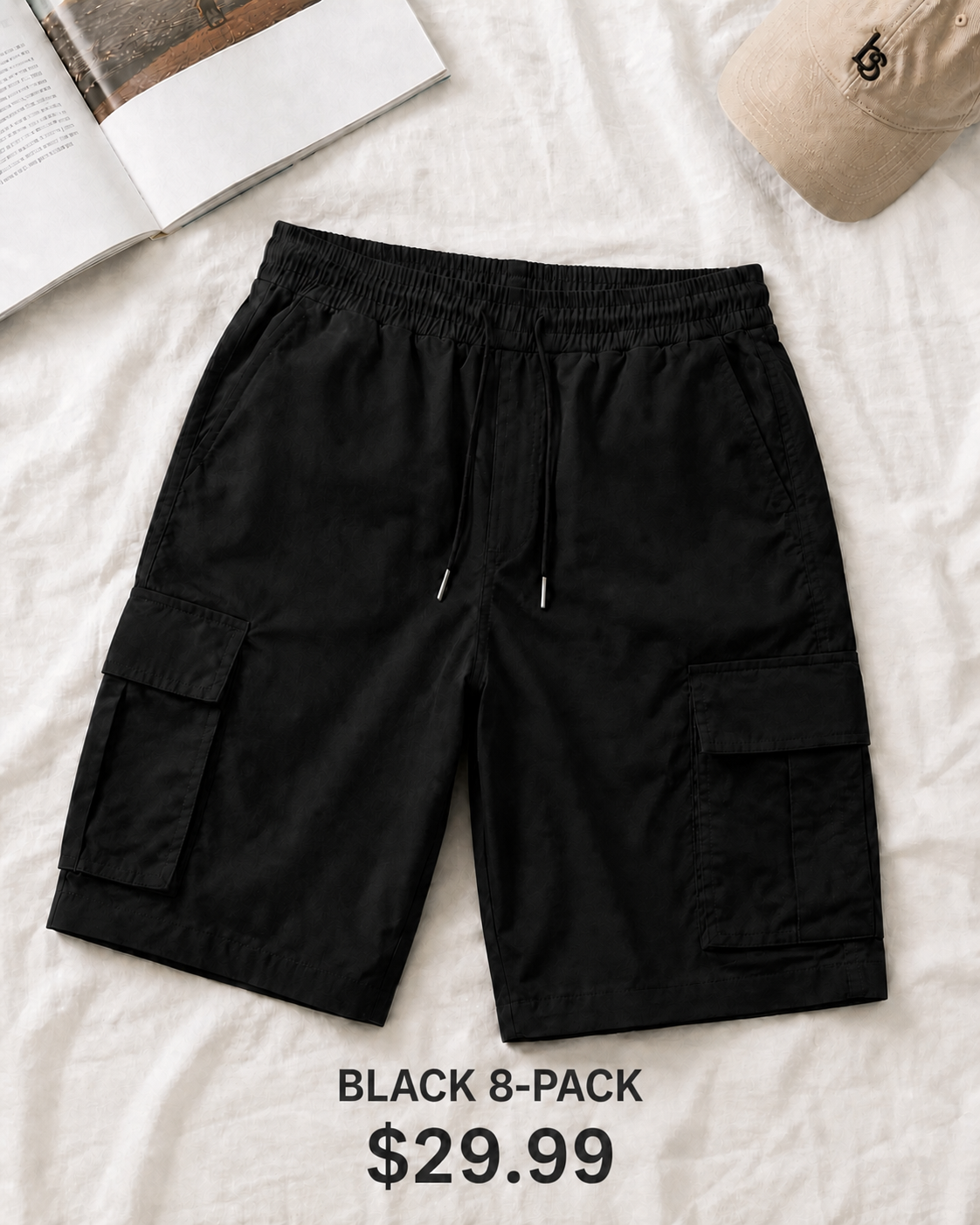 Black 8-Pack men's elastic waist cargo shorts, $29.99