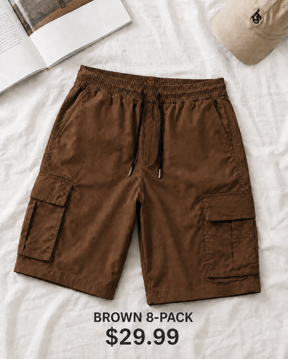 Brown 8-Pack men's elastic waist cargo shorts, $29.99