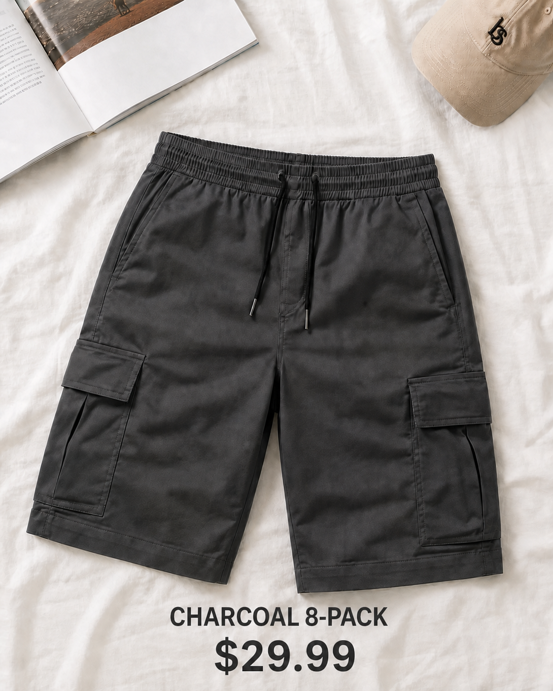 Charcoal 8-Pack men's elastic waist cargo shorts, $29.99