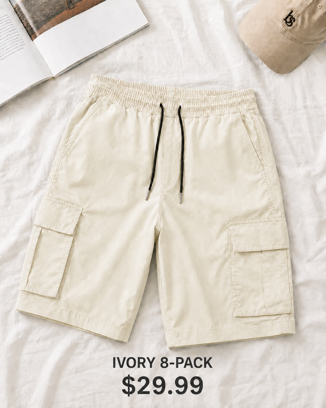 Ivory 8-Pack men's elastic waist cargo shorts, $29.99