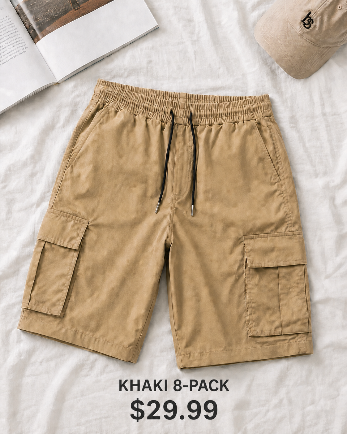 Khaki 8-Pack men's elastic waist cargo shorts, $29.99