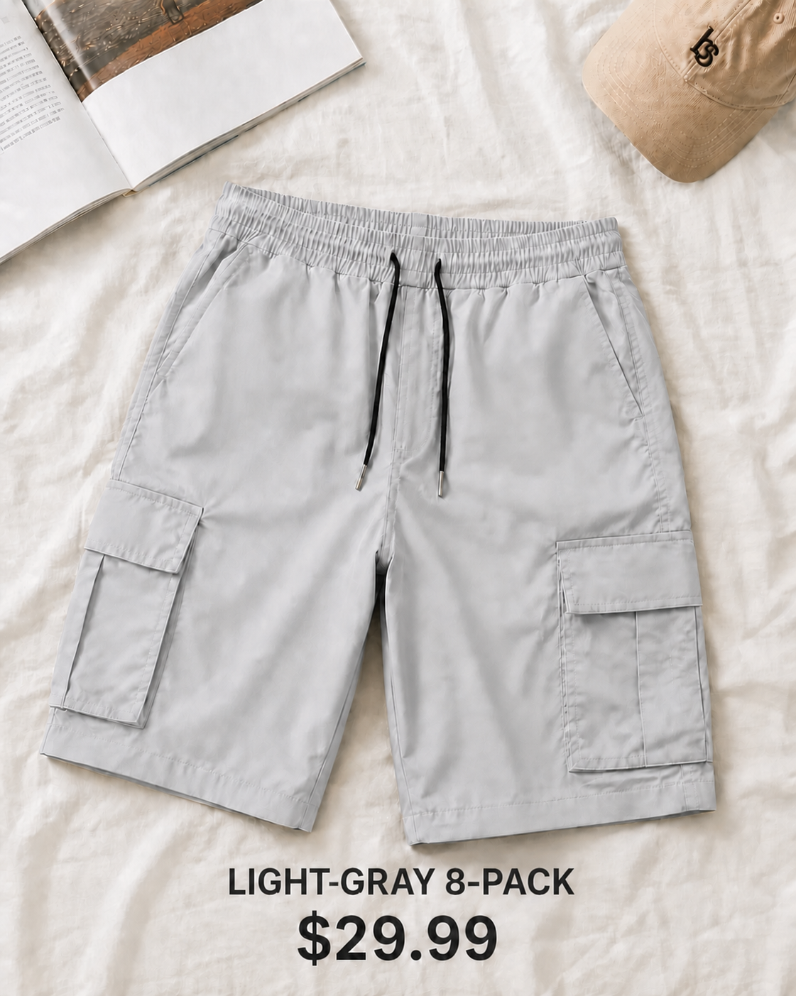 Light Gray 8-Pack men's elastic waist cargo shorts, $29.99