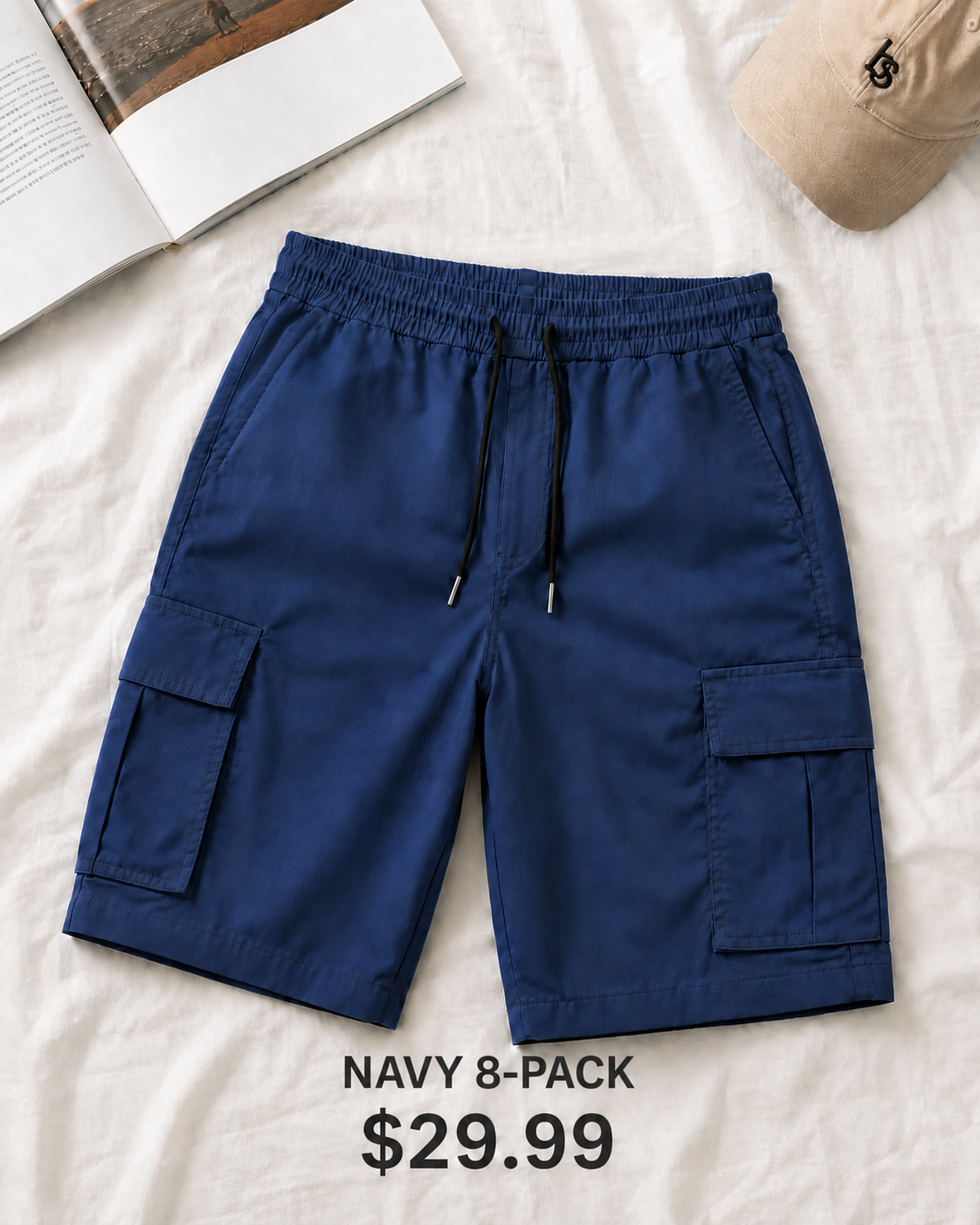 Navy 8-Pack men's elastic waist cargo shorts, $29.99