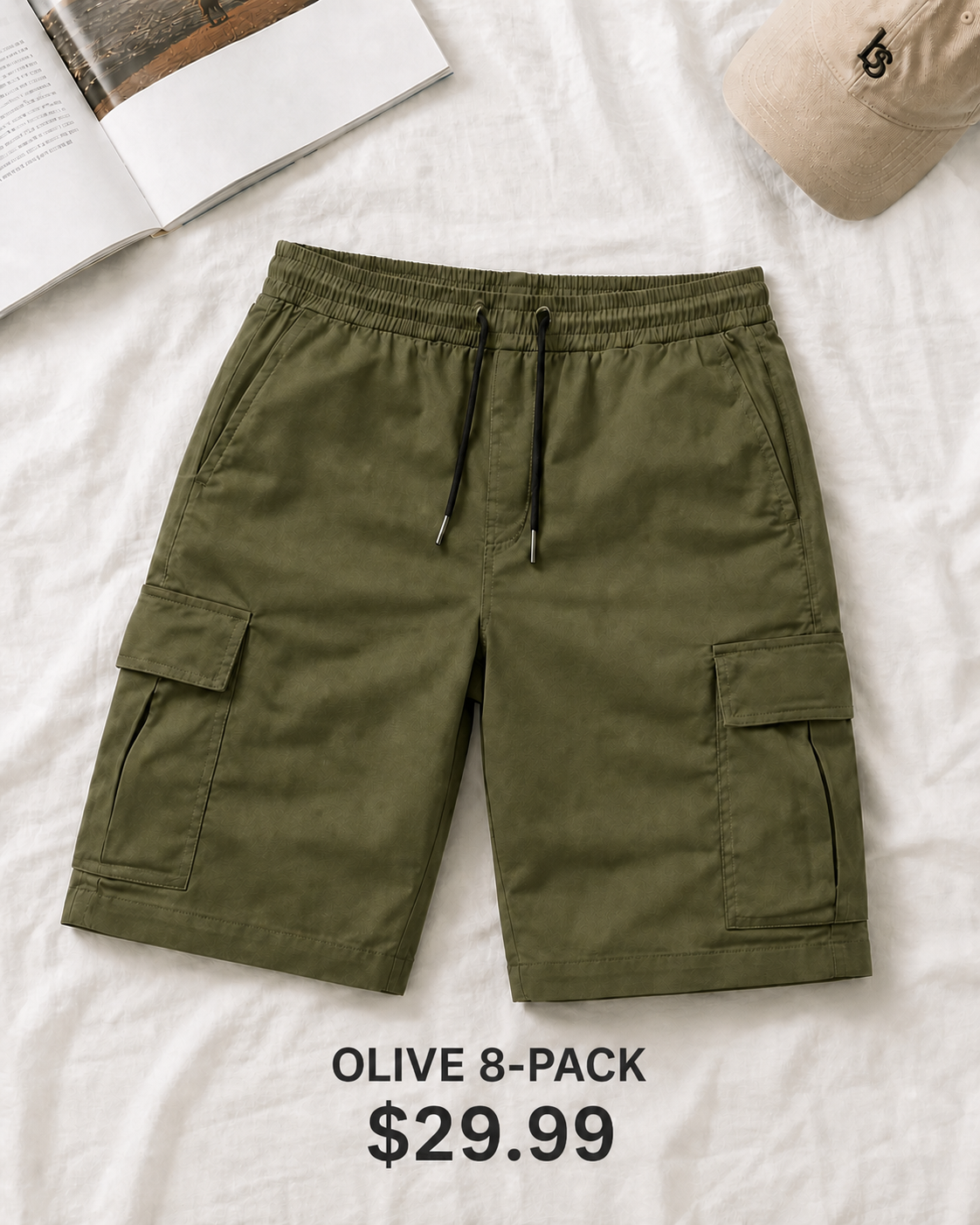 Olive 8-Pack men's elastic waist cargo shorts, $29.99