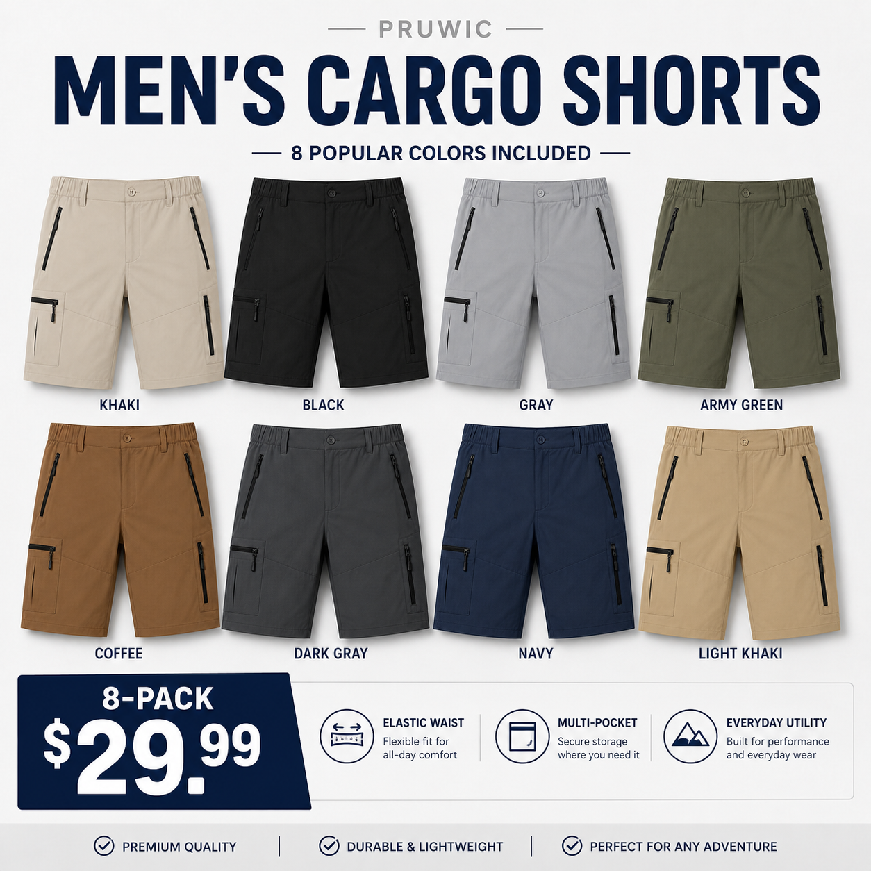 Men's 8-pack quick dry hiking cargo shorts assorted colors