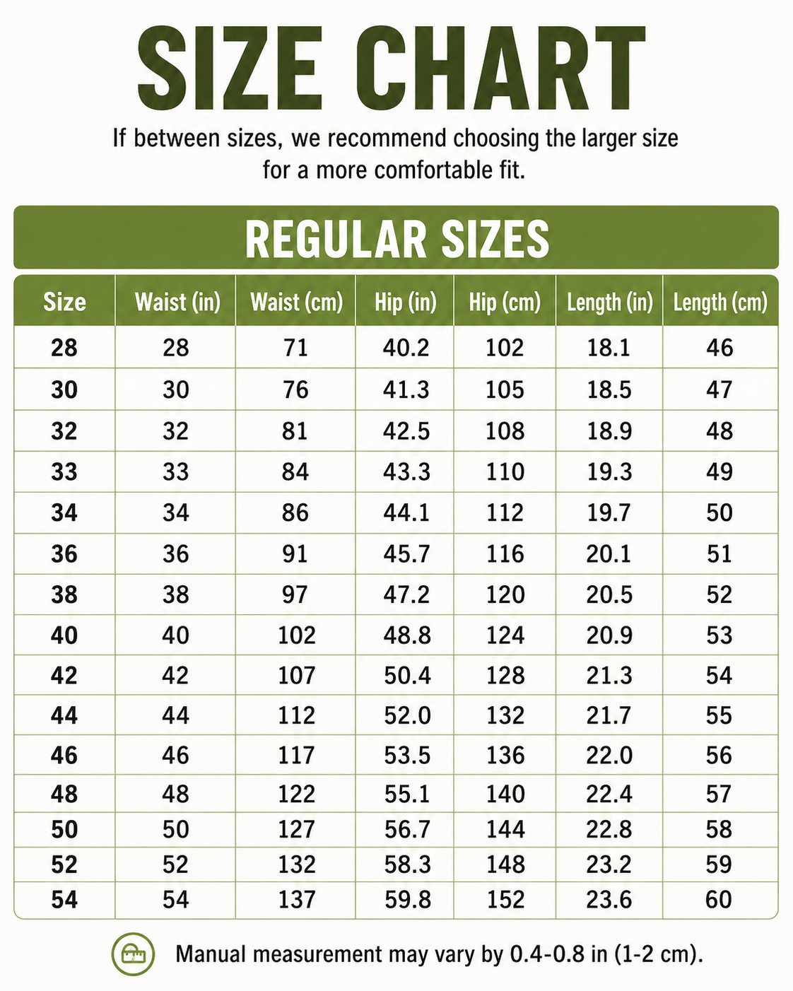 Regular size chart for men's hiking cargo shorts