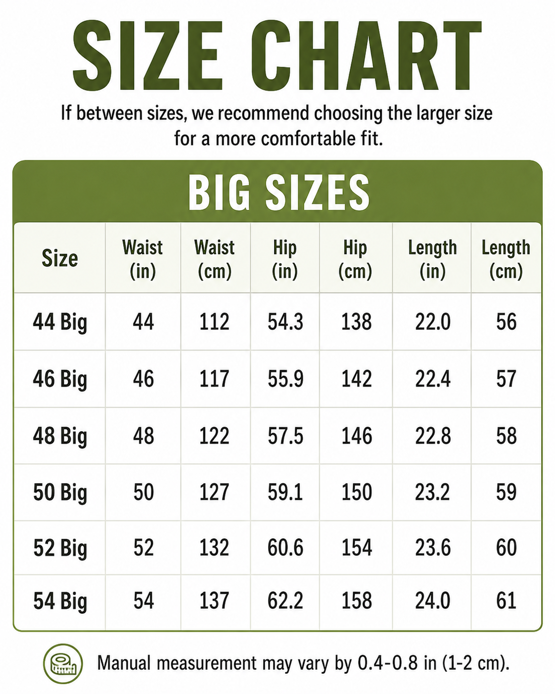 Big size chart for men's hiking cargo shorts