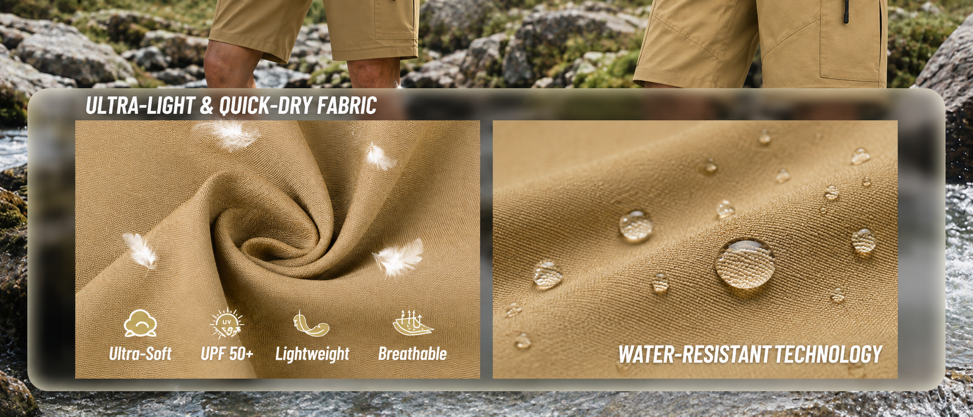 Water resistant lightweight stretch fabric details