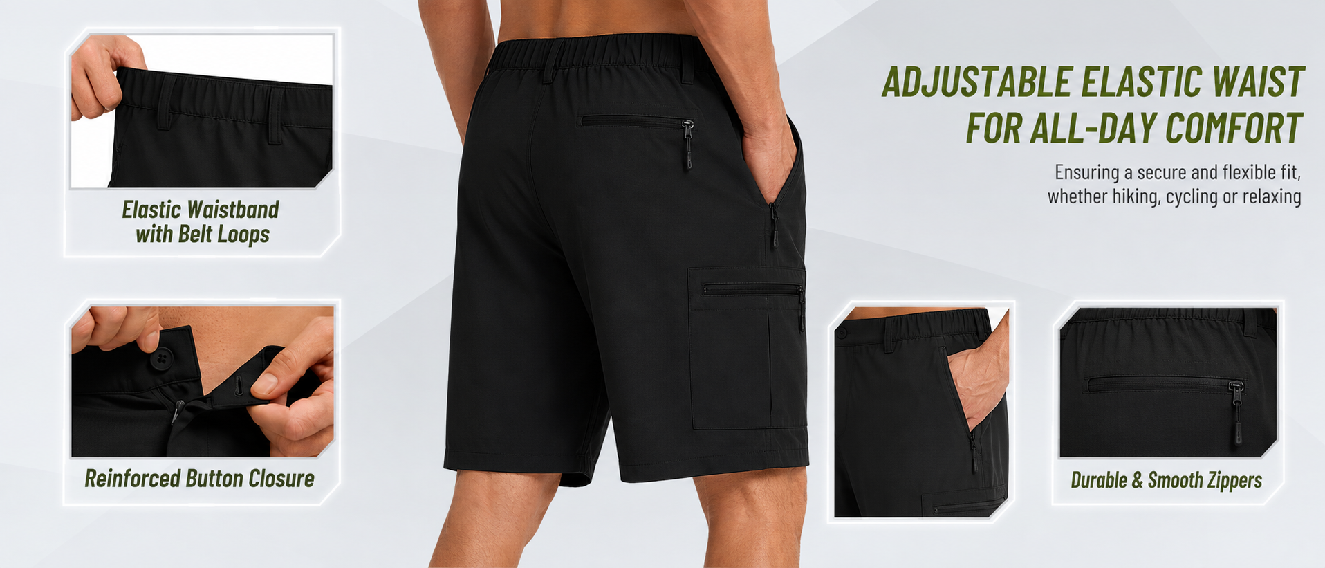 Black hiking cargo shorts feature details