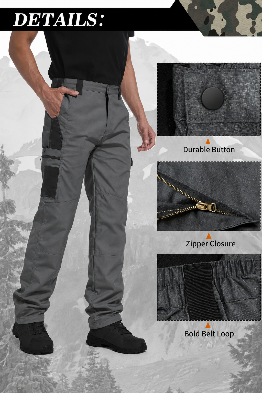 Tactical work pants durable button zipper closure and bold belt loop details