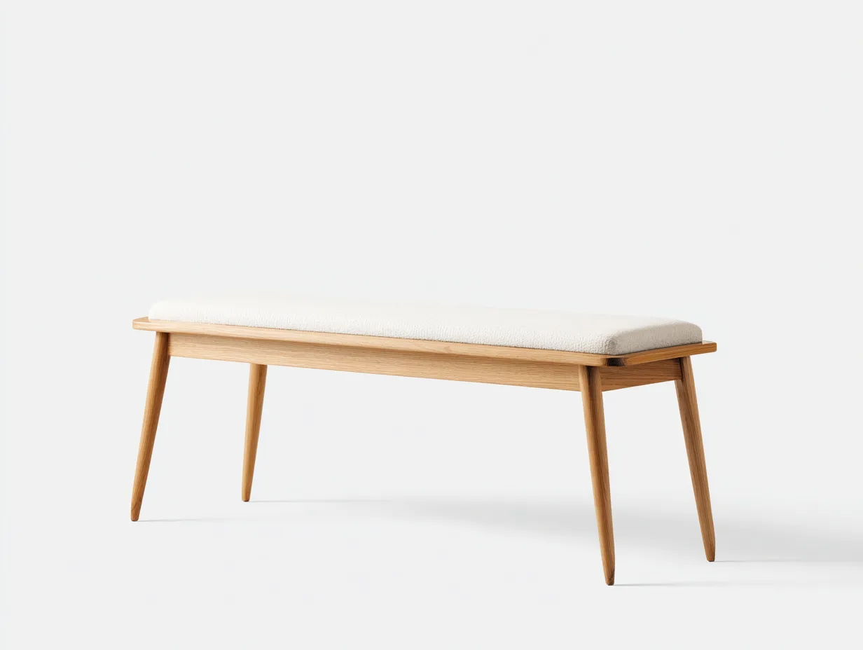 Bank Holz Stoff 138x38x48 cm - Natur und Creme - Schlafzimmerbank mit schmaler Polsterauflage-Lonazahaus