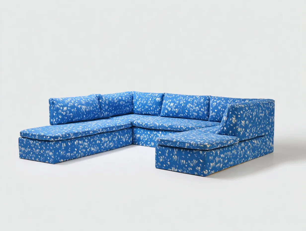 Ecksofa aus blauem Musterstoff 340x252x78 cm - blau und weiß - U-Form für Wohnzimmer-Lonazahaus