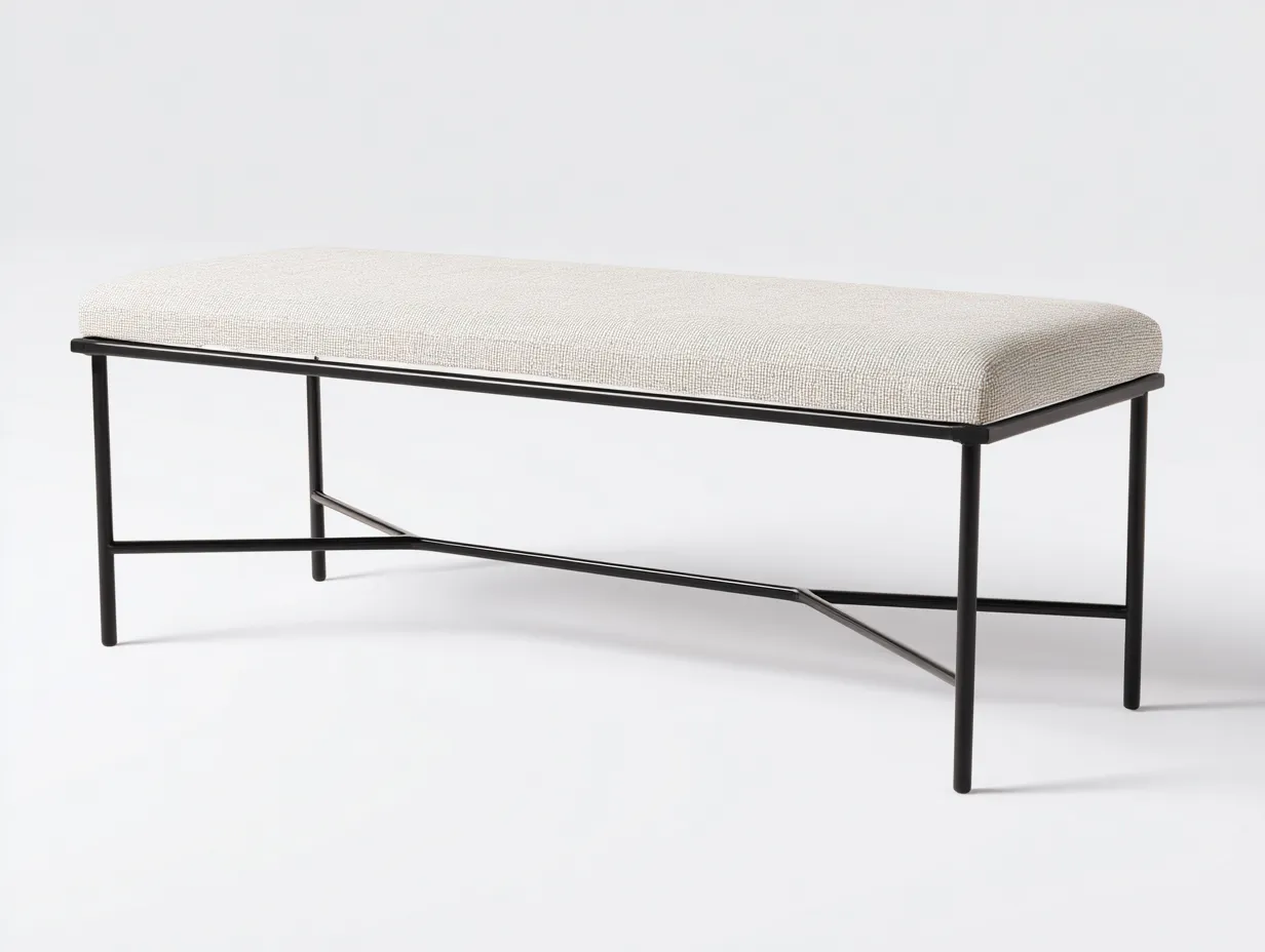 Bank Stoff Metall 152x41x48 cm - Creme und Schwarz - lange Schlafzimmerbank mit Kreuzstrebe-Lonazahaus