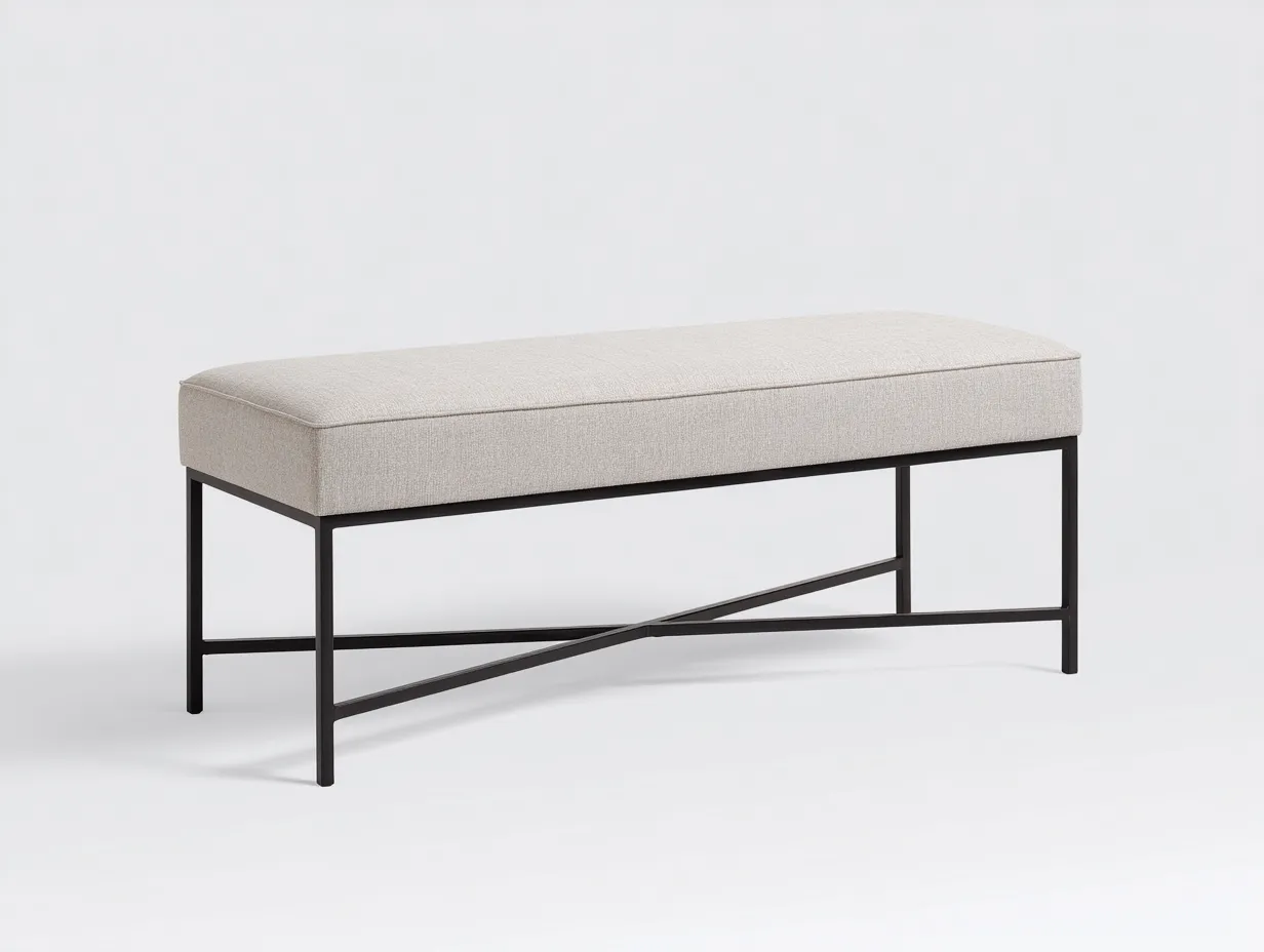 Bank Stoff Metall 146x39x49 cm - Beige und Schwarz - gepolsterte Bank für Schlafzimmer-Lonazahaus