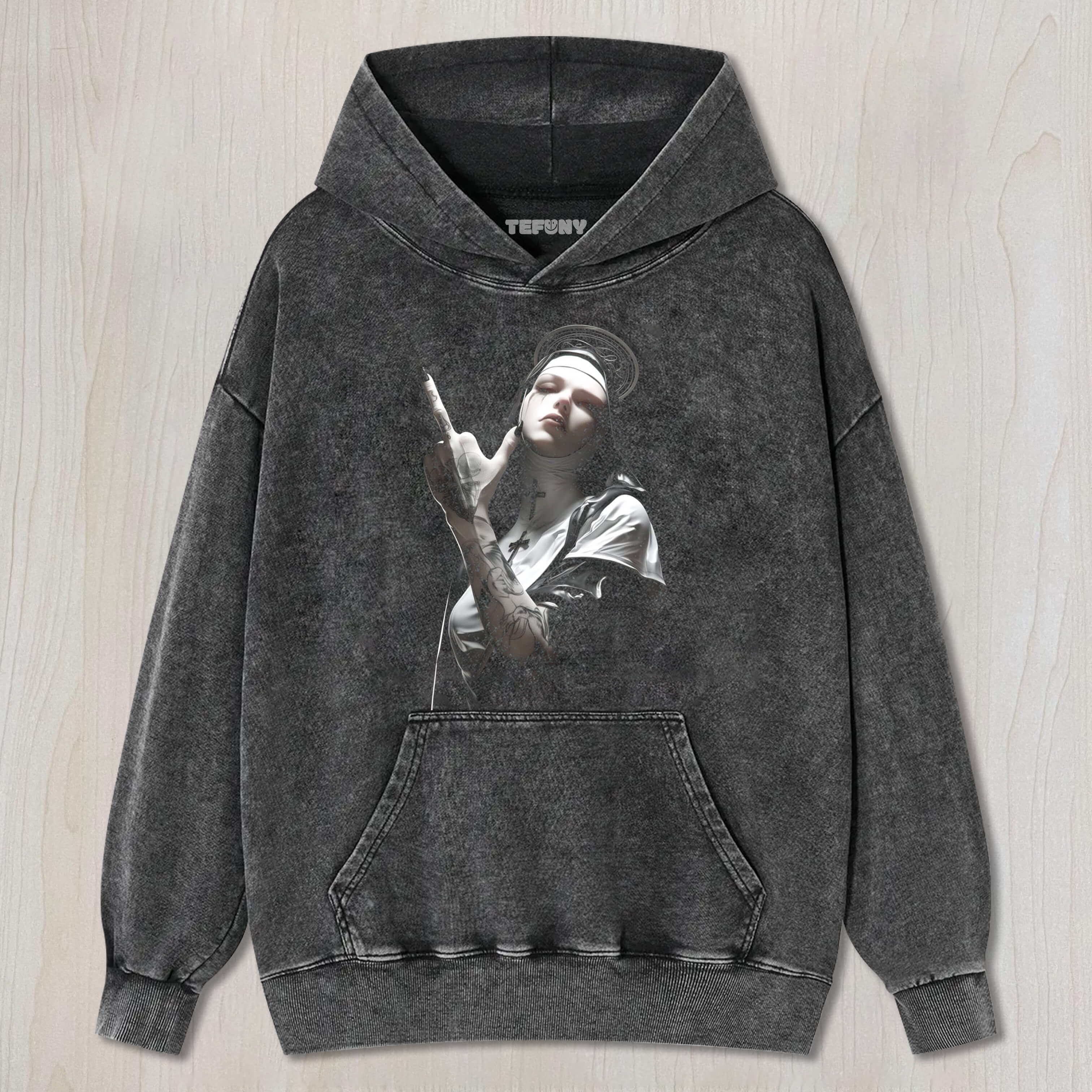 TATTOOED NUN GIVES MIDDLE FINGER TEE & SWEAT & HOOD