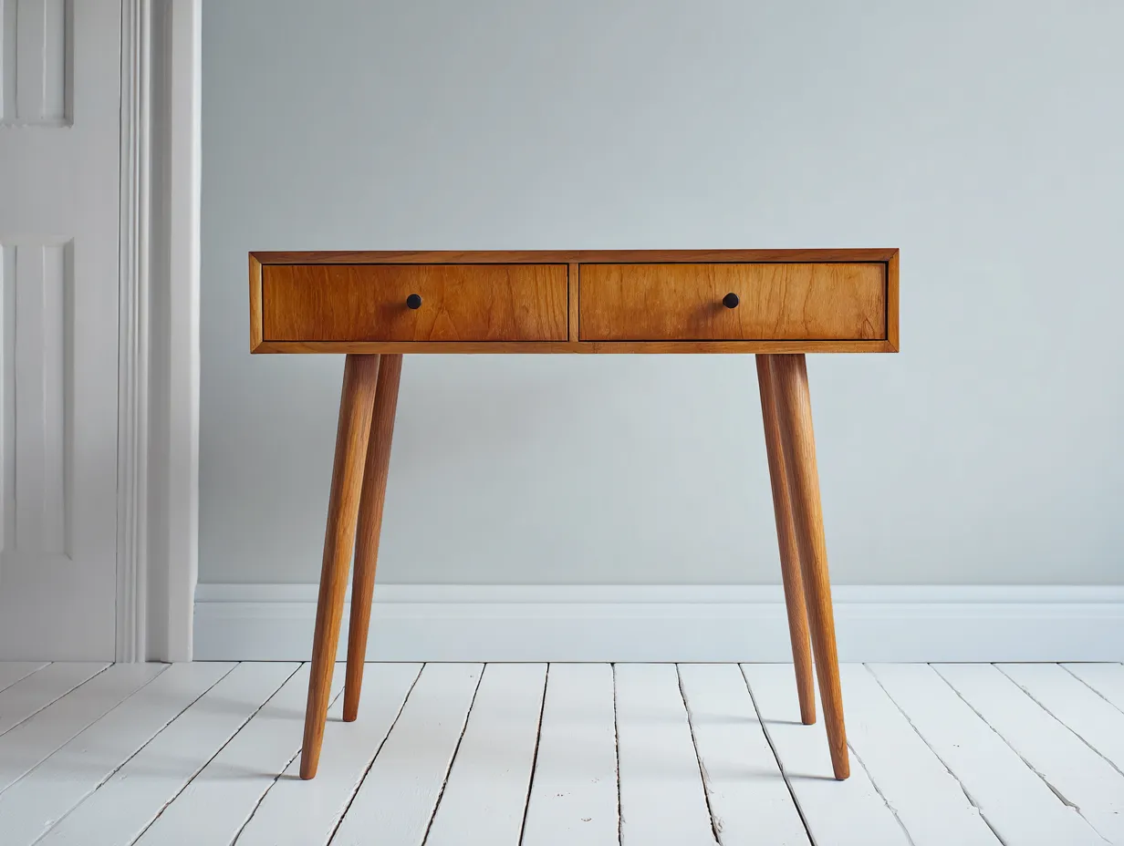 Schreibtisch aus Holz 115x44x79 cm - warmbraun und schwarz - zwei Frontschubladen für Arbeitszimmer-Sariohaus