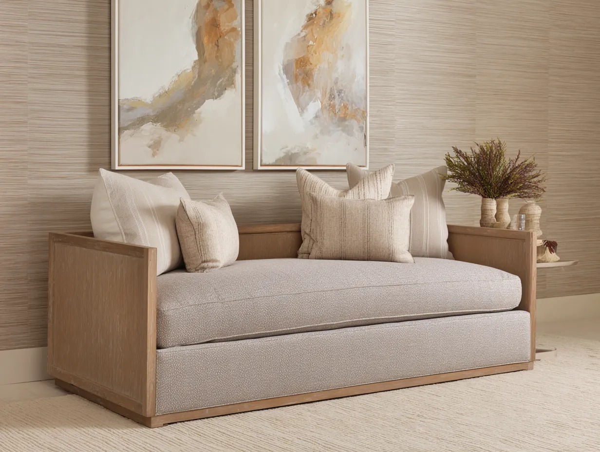 Schlafsofa Stoff 205x98x82 cm - Creme und Rosa - ausziehbare Liegefunktion fürs Wohnzimmer-Sariohaus