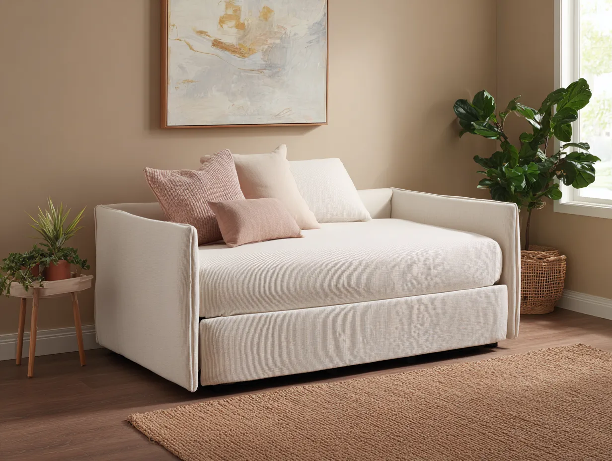 Schlafsofa Holz Bouclé 208x101x83 cm - Creme und Natur - niedriges Tagesbett-Sariohaus