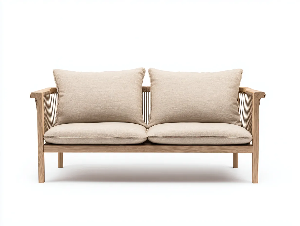 Sofá de 2 plazas de madera con laterales trenzados 165x76x76 cm - beige y madera natural - estructura ligera para exterior