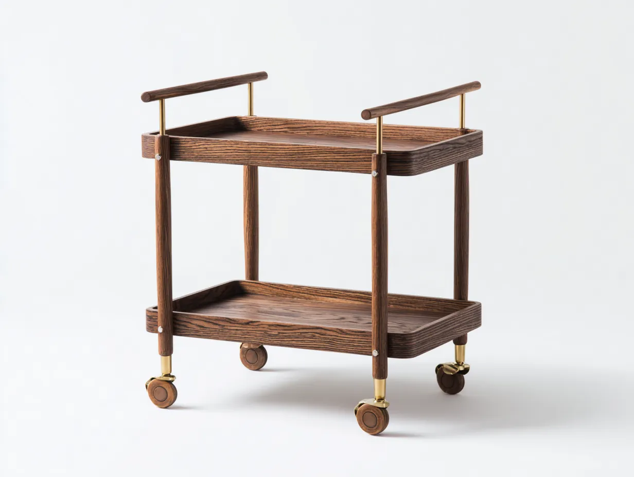 Carrito de cocina 90x42x79 cm - madera nogal - dos bandejas con detalles dorados