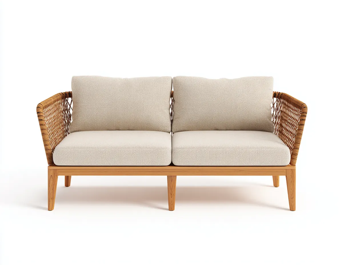 Sofá de 2 plazas de madera y cuerda 158x75x78 cm - beige y madera natural - brazos curvos para exterior