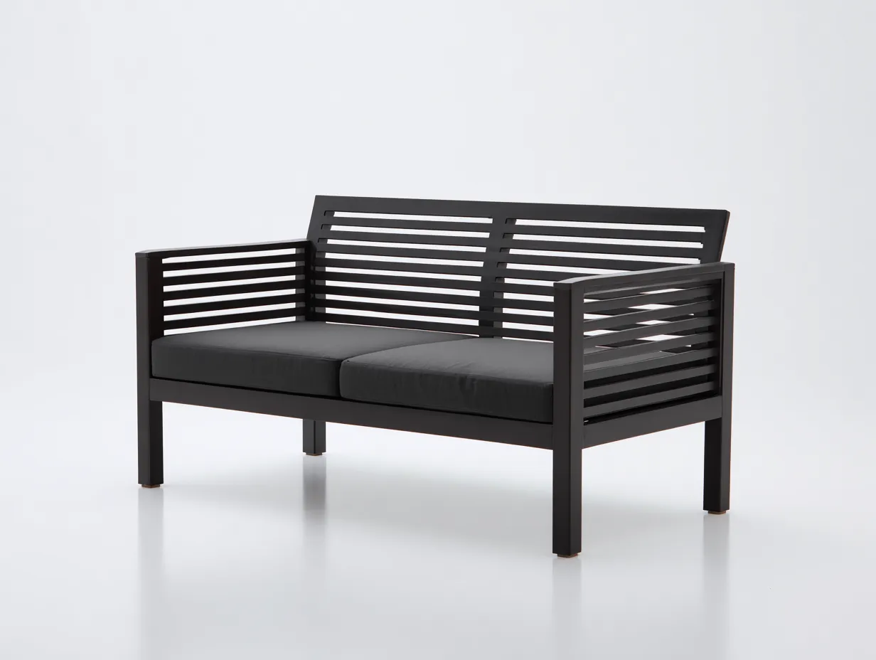 Sofá de 2 plazas de madera con listones 150x74x78 cm - negro - respaldo abierto para exterior