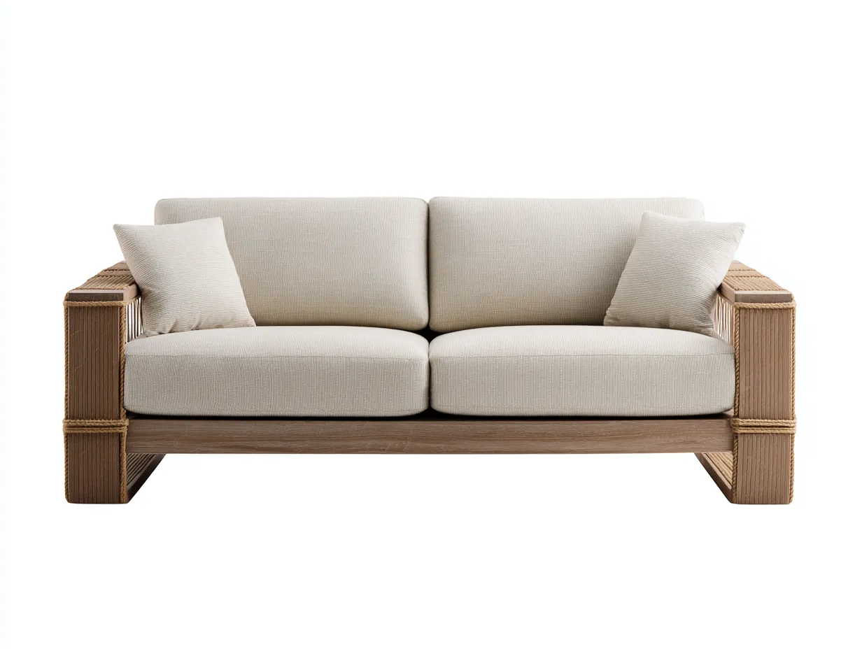 Sofá de 2 plazas de madera y ratán 178x82x78 cm - beige y madera natural - brazos anchos para exterior