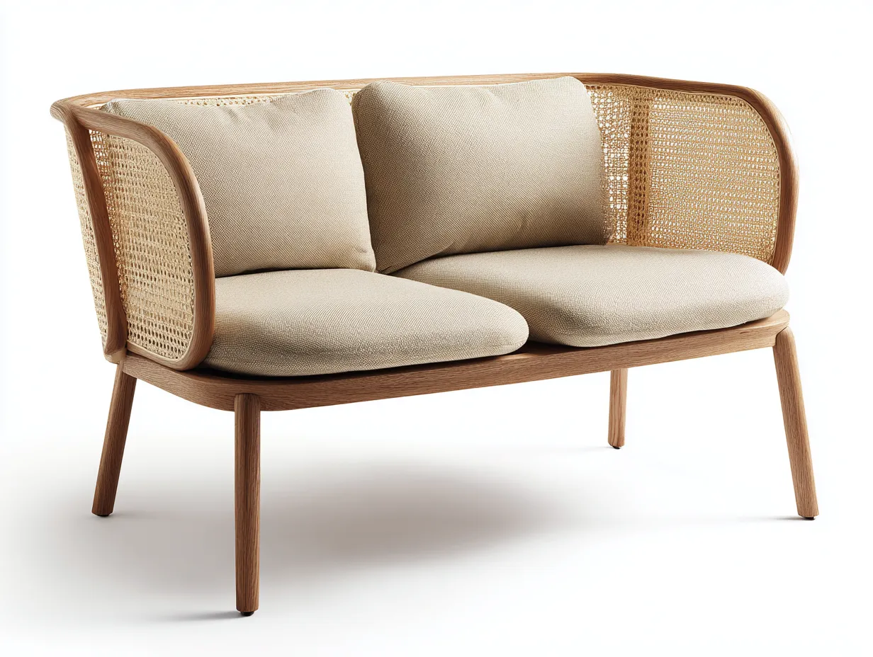 Sofá de 2 plazas de madera y ratán curvado 155x78x80 cm - beige y madera natural - respaldo envolvente para exterior