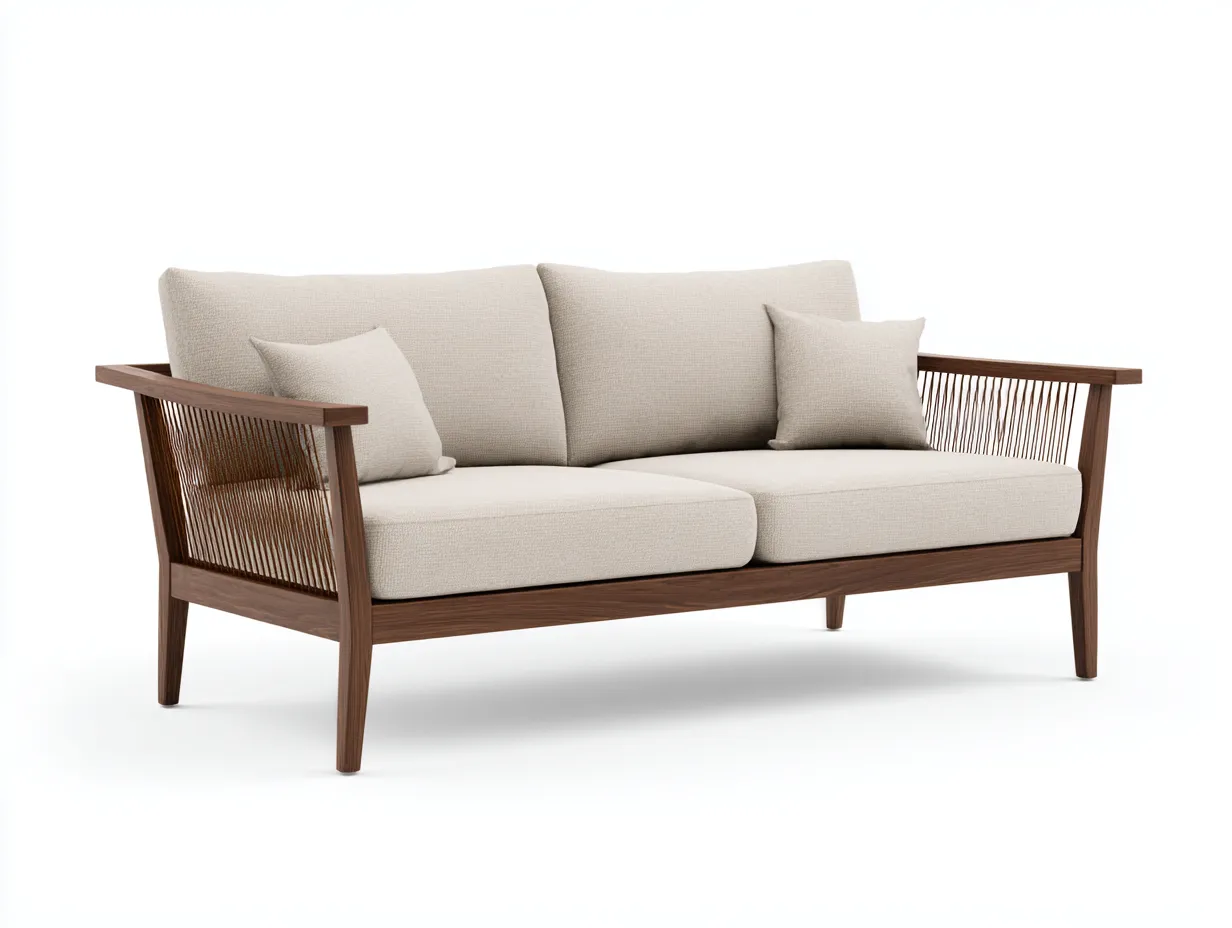 Sofá de 2 plazas de madera con laterales de cuerda 182x80x82 cm - beige y marrón nogal - diseño elevado para exterior