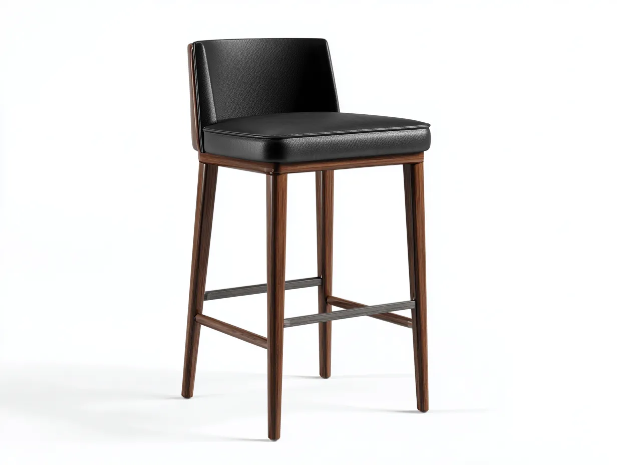 Taburete de bar de nogal 47x51x96 cm - asiento negro acolchado - reposapiés en metal oscuro