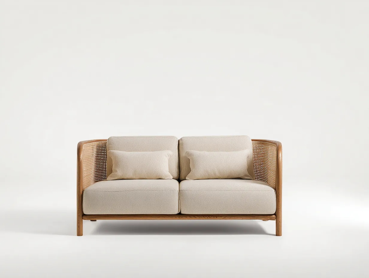 Sofá de 2 plazas de madera y ratán 155x75x76 cm - beige y madera natural - laterales tejidos para exterior