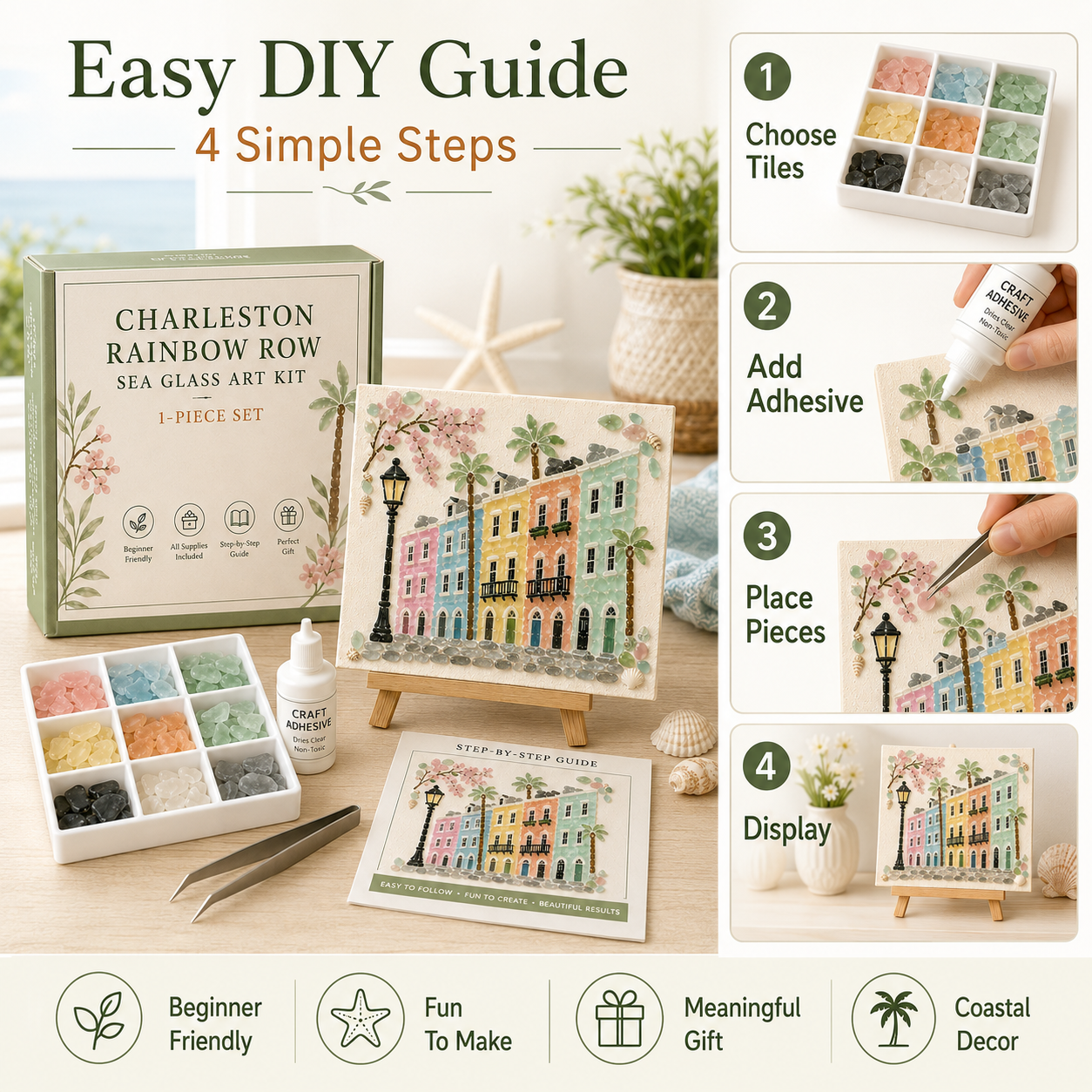Four step DIY guide for a sea glass art kit